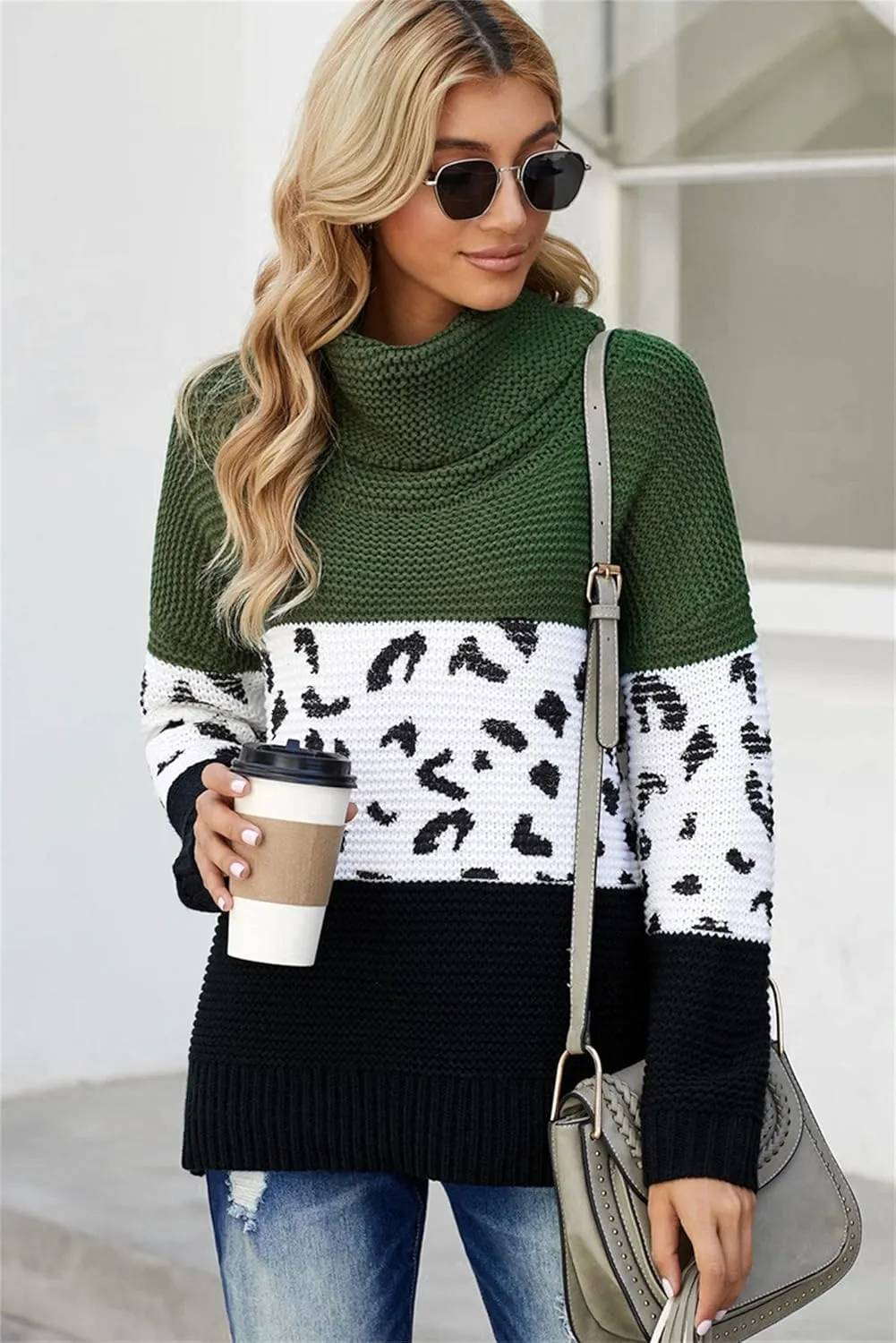 Women Turtleneck Oversized Side Slits Long Sleeve Color Block Chunky Knit Sweater Casual Loose Jumper Pullover Top