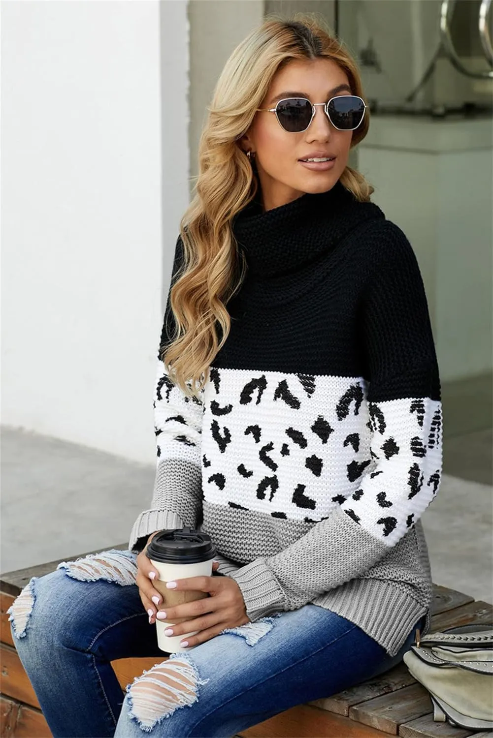 Women Turtleneck Oversized Side Slits Long Sleeve Color Block Chunky Knit Sweater Casual Loose Jumper Pullover Top