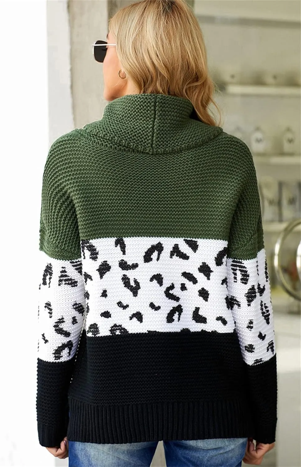 Women Turtleneck Oversized Side Slits Long Sleeve Color Block Chunky Knit Sweater Casual Loose Jumper Pullover Top