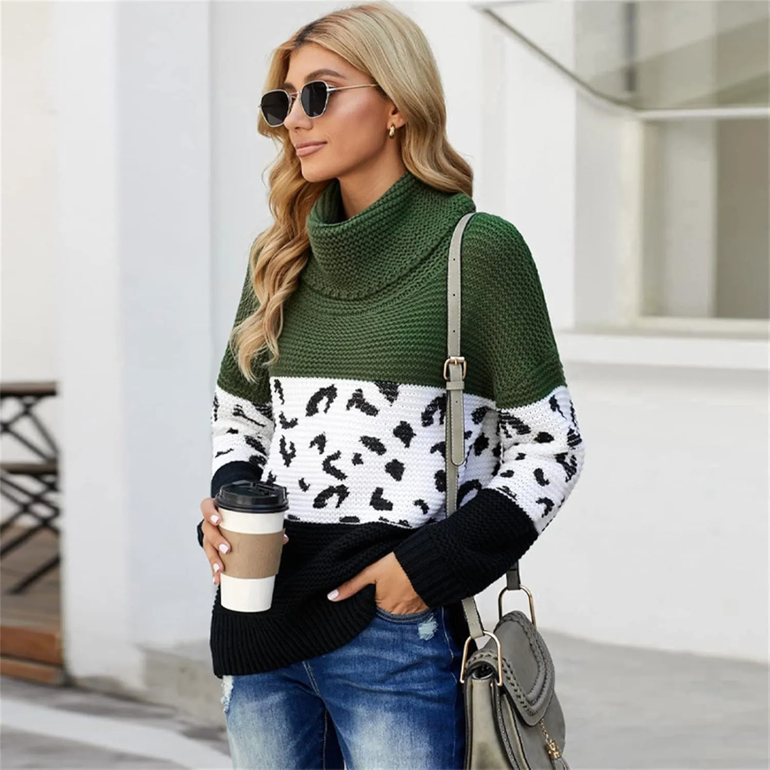 Women Turtleneck Oversized Side Slits Long Sleeve Color Block Chunky Knit Sweater Casual Loose Jumper Pullover Top