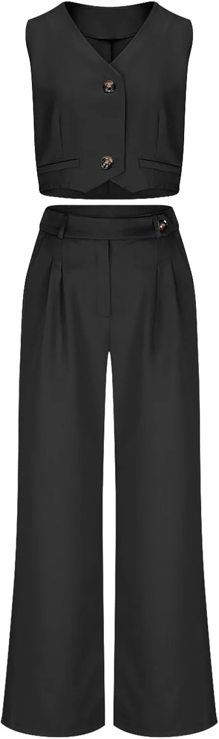 Women V Neck Button Front Cropped Vest and Pleated Wide Leg Dress Pants 2 Piece Set Summer Trendy Going Out Outfits