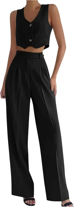 Women V Neck Button Front Cropped Vest and Pleated Wide Leg Dress Pants 2 Piece Set Summer Trendy Going Out Outfits