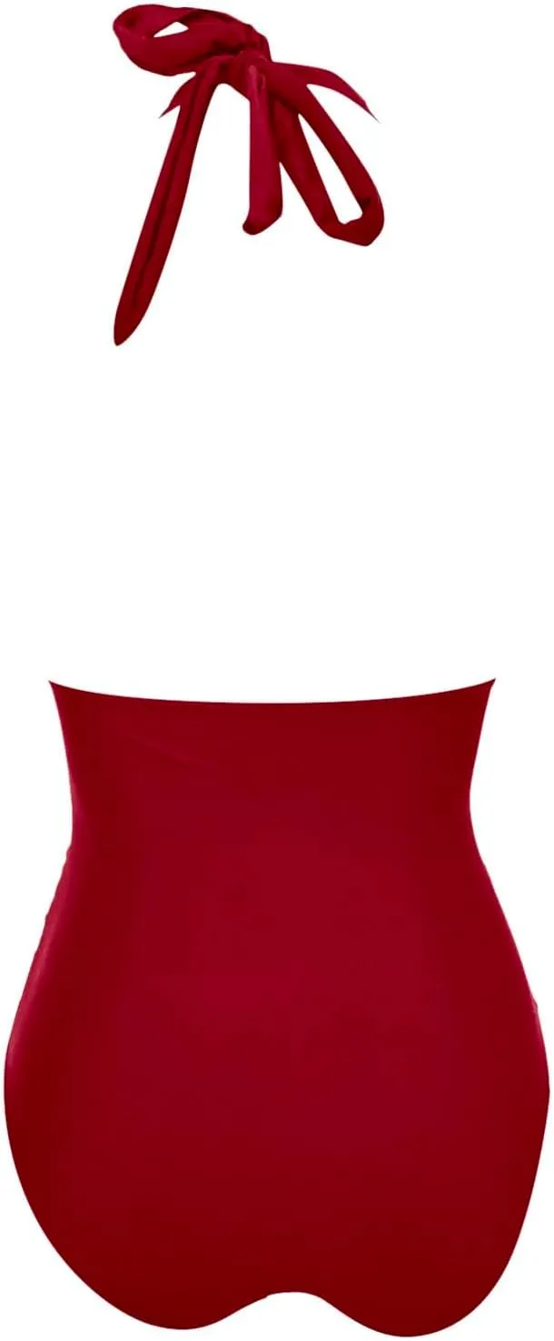 Women V Neck One Piece Swimsuit Halter Backless Ruched Tummy Control Bathing Suit Push up Swimsuits Top Summer 2025 Trendy