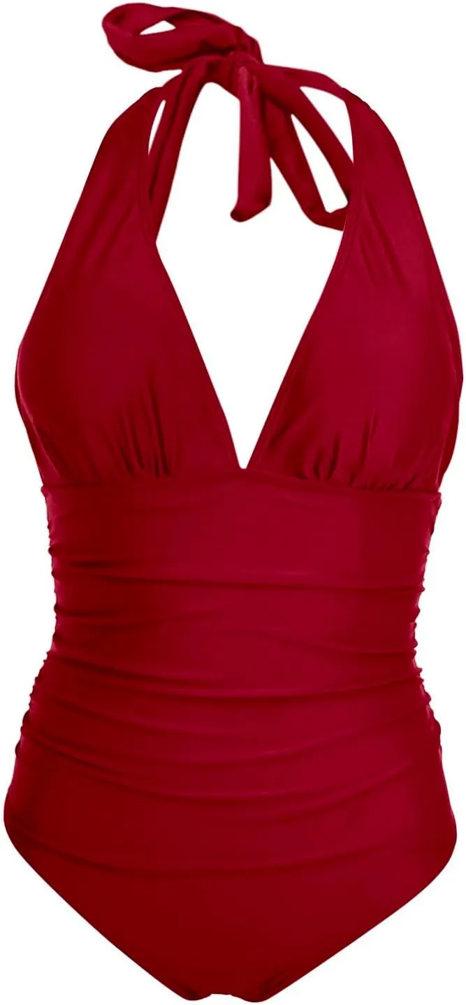 Women V Neck One Piece Swimsuit Halter Backless Ruched Tummy Control Bathing Suit Push up Swimsuits Top Summer 2025 Trendy