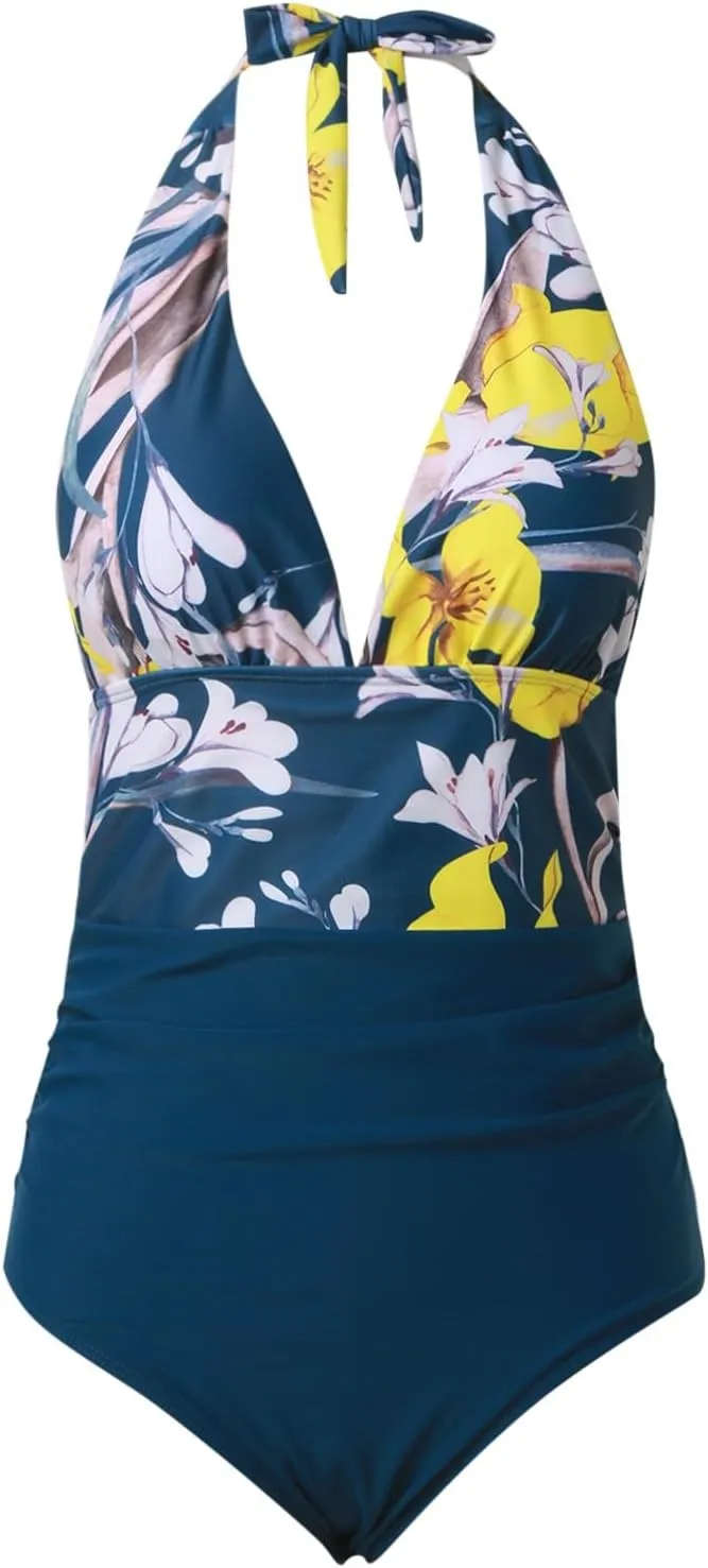 Women V Neck One Piece Swimsuit Halter Backless Ruched Tummy Control Summer 2025 Beach Trendy Bathing Suit