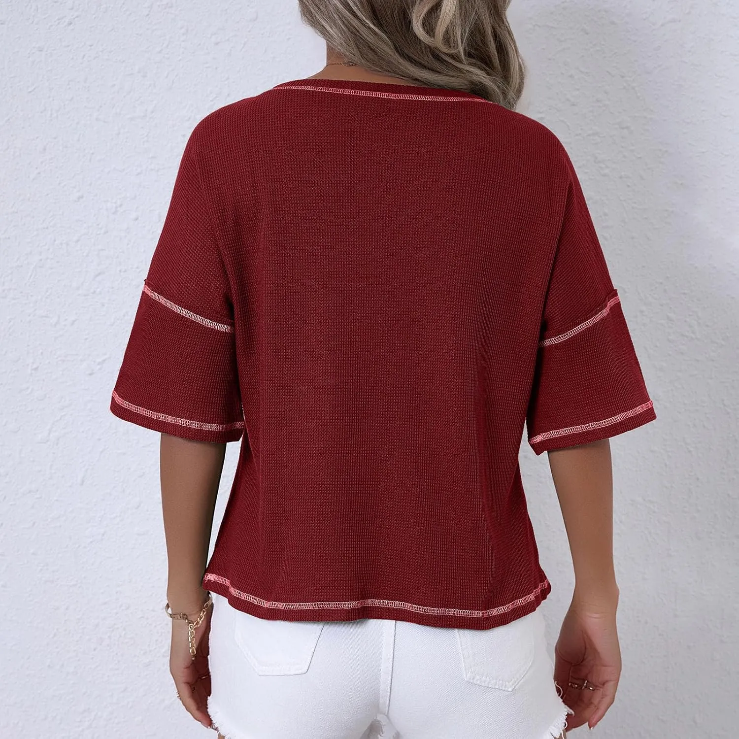 Women Waffle Knit Tops 2025 Short Sleeve Crew Neck Tshirts Casual Loose Color Block Tunic Top Blouses with Pockets