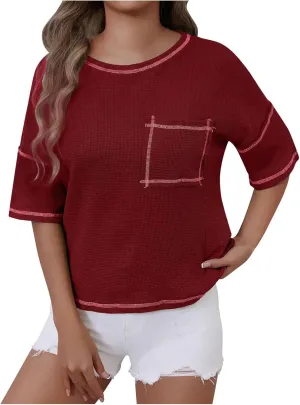 Women Waffle Knit Tops 2025 Short Sleeve Crew Neck Tshirts Casual Loose Color Block Tunic Top Blouses with Pockets