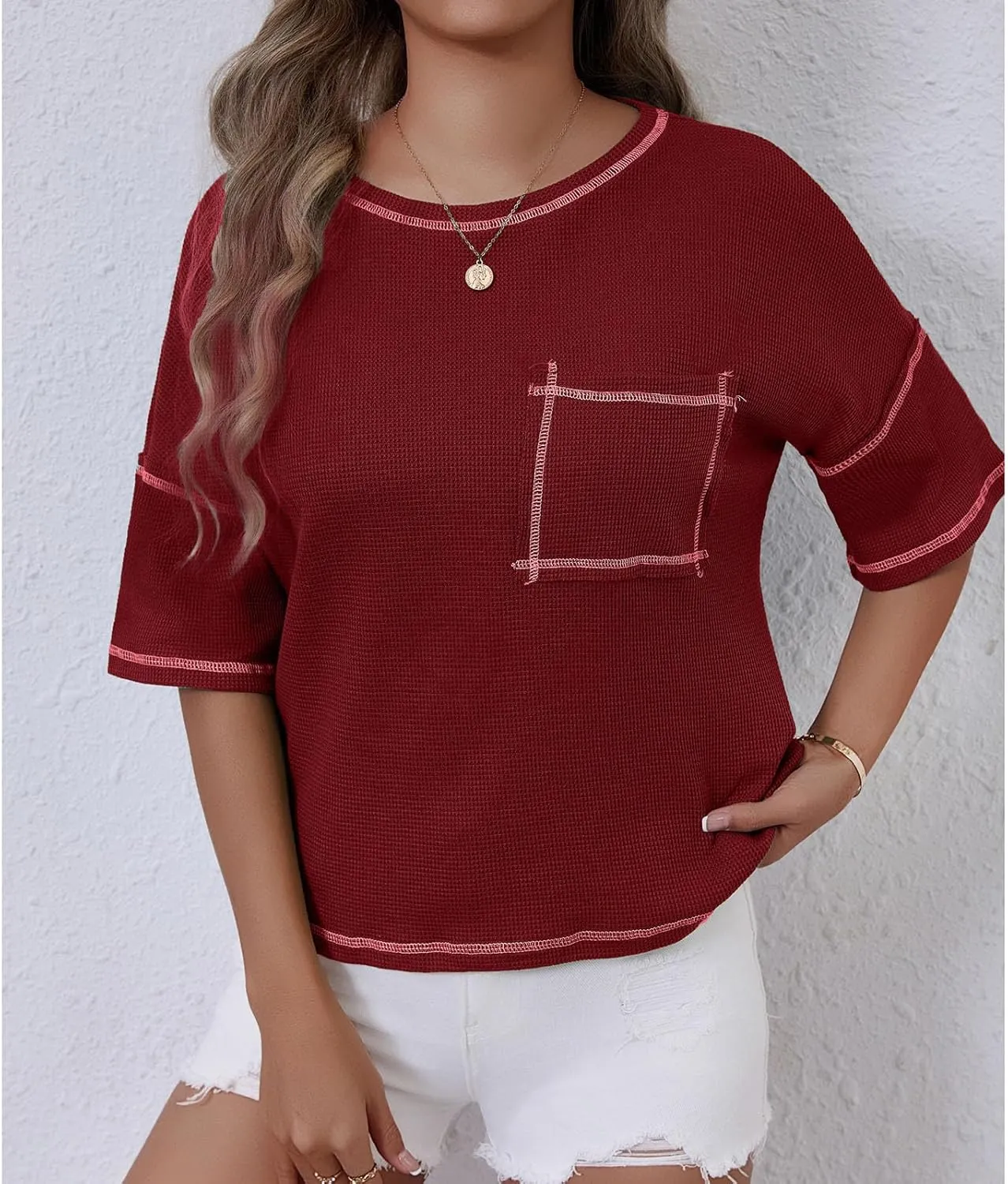 Women Waffle Knit Tops 2025 Short Sleeve Crew Neck Tshirts Casual Loose Color Block Tunic Top Blouses with Pockets