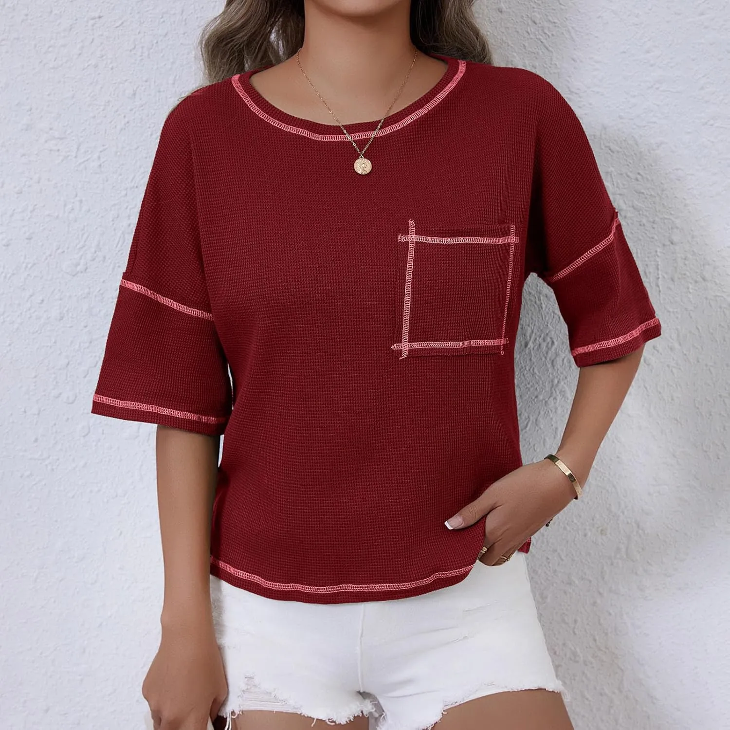 Women Waffle Knit Tops 2025 Short Sleeve Crew Neck Tshirts Casual Loose Color Block Tunic Top Blouses with Pockets