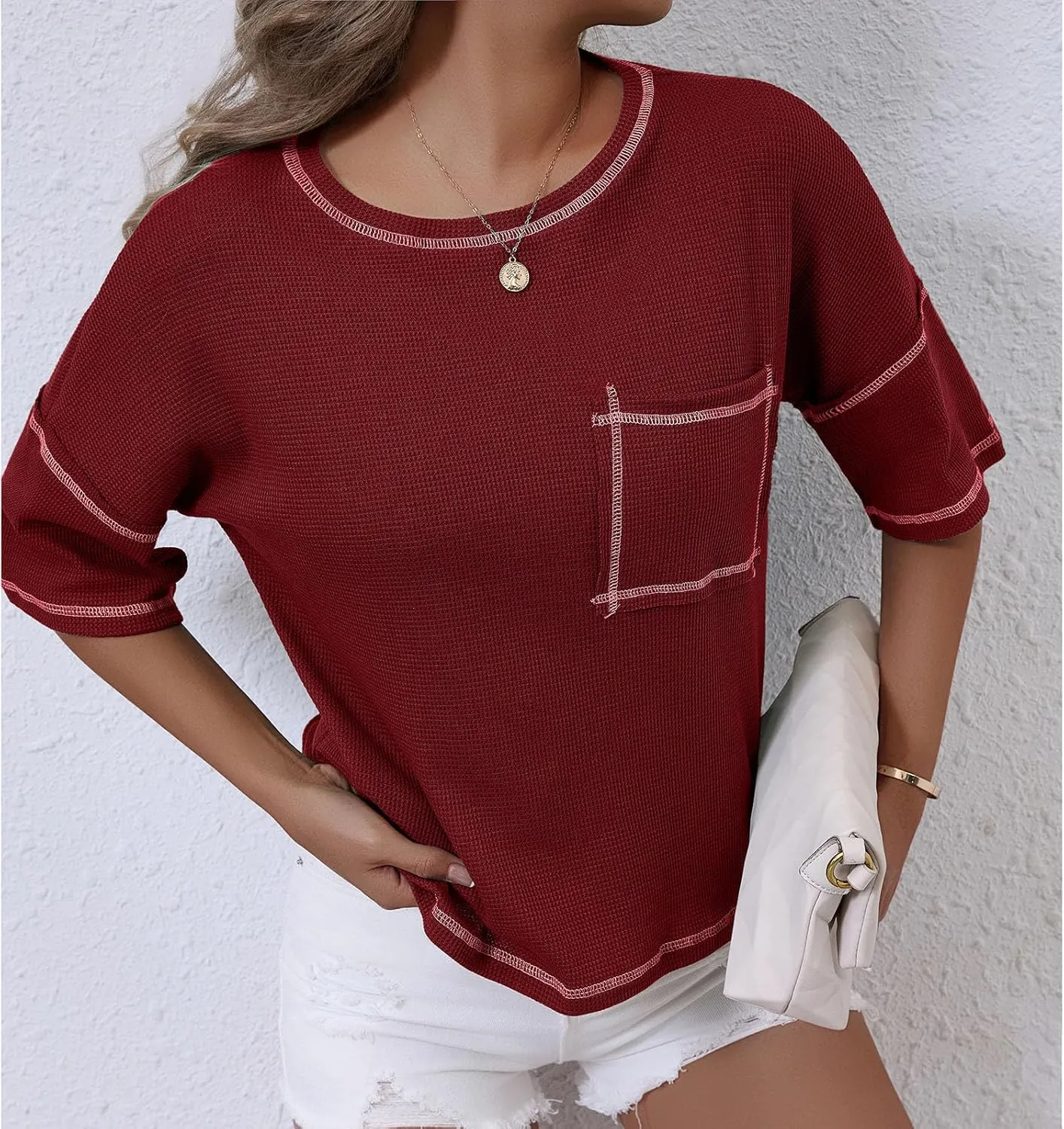 Women Waffle Knit Tops 2025 Short Sleeve Crew Neck Tshirts Casual Loose Color Block Tunic Top Blouses with Pockets