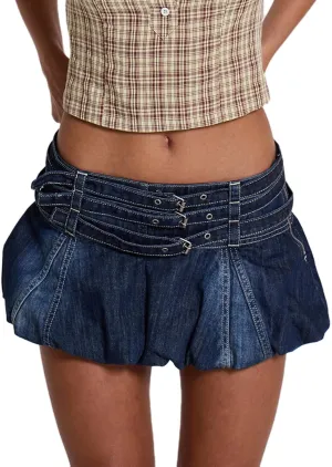 Women Y2k Denim Mini Skirt Bubble Jean Skirt Low Wasit Ruffle Aline Pleated Puffy Short Skirt Going Out Streetwear