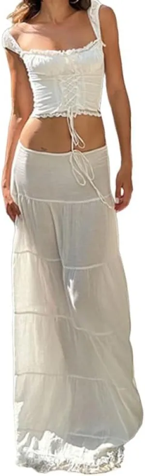 Women Y2K Fairy Grunge Midi Skirt Vintage Boho Elastic Waist A Line Layer Ruffle Swing Maxi Skirt E-Girls Streetwear