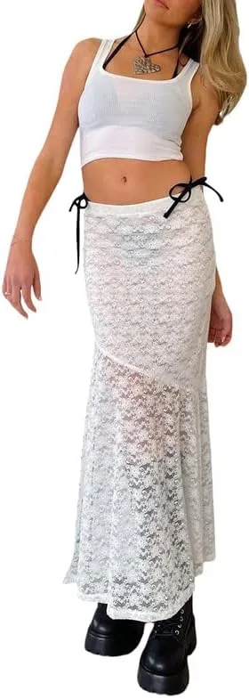 Women Y2K Fairy Grunge Midi Skirt Vintage Boho Elastic Waist A Line Layer Ruffle Swing Maxi Skirt E-Girls Streetwear