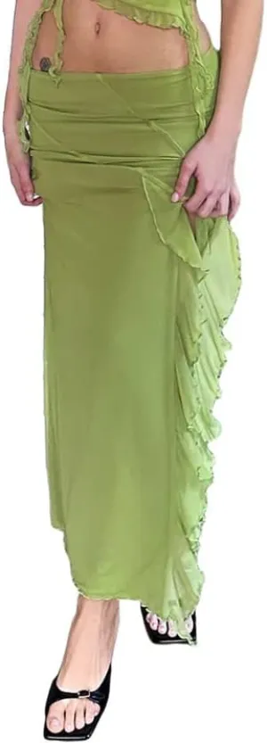 Women Y2K Fairy Grunge Midi Skirt Vintage Boho Elastic Waist A Line Layer Ruffle Swing Maxi Skirt E-Girls Streetwear