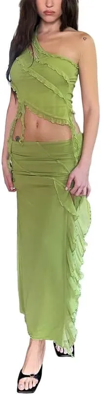 Women Y2K Fairy Grunge Midi Skirt Vintage Boho Elastic Waist A Line Layer Ruffle Swing Maxi Skirt E-Girls Streetwear