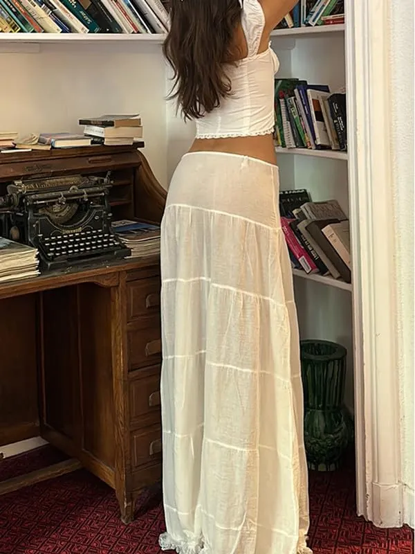 Women Y2K Fairy Grunge Midi Skirt Vintage Boho Elastic Waist A Line Layer Ruffle Swing Maxi Skirt E-Girls Streetwear