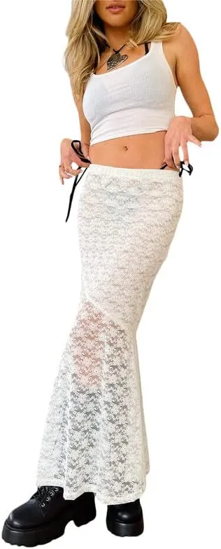 Women Y2K Fairy Grunge Midi Skirt Vintage Boho Elastic Waist A Line Layer Ruffle Swing Maxi Skirt E-Girls Streetwear