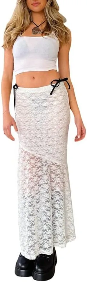 Women Y2K Fairy Grunge Midi Skirt Vintage Boho Elastic Waist A Line Layer Ruffle Swing Maxi Skirt E-Girls Streetwear