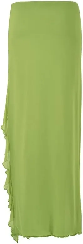 Women Y2K Fairy Grunge Midi Skirt Vintage Boho Elastic Waist A Line Layer Ruffle Swing Maxi Skirt E-Girls Streetwear