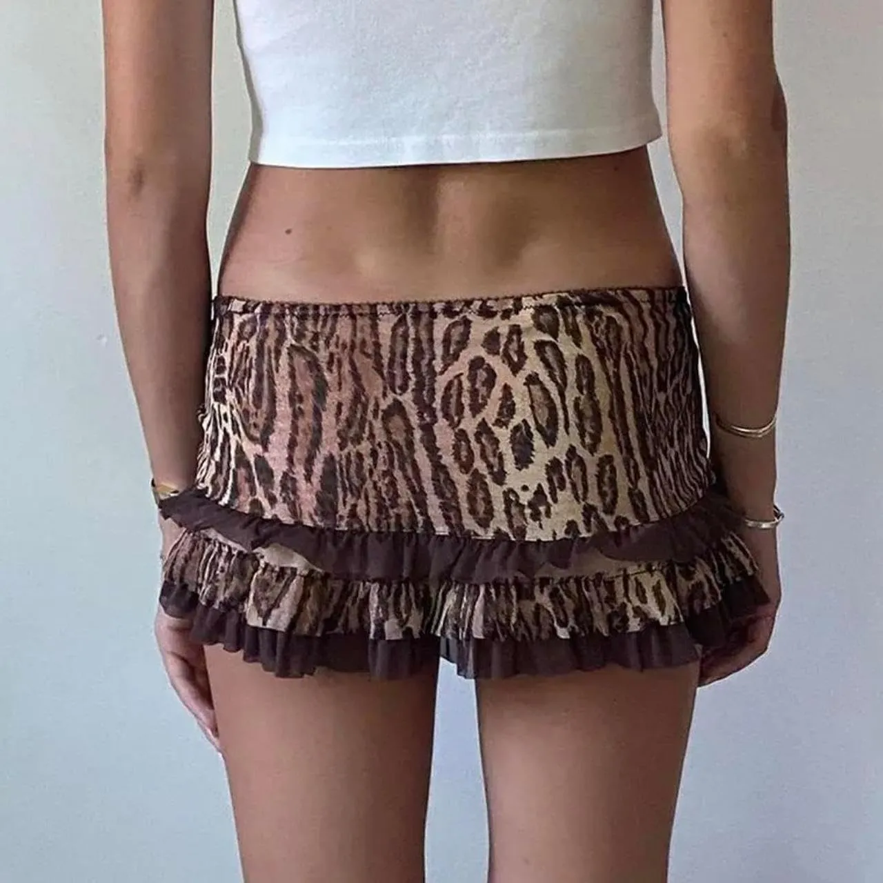 Women Y2K Lace Mini Skirt Leopard Print Ruffle Short Skirt Mesh Flowy Mini Skirt Party Club Streetwear