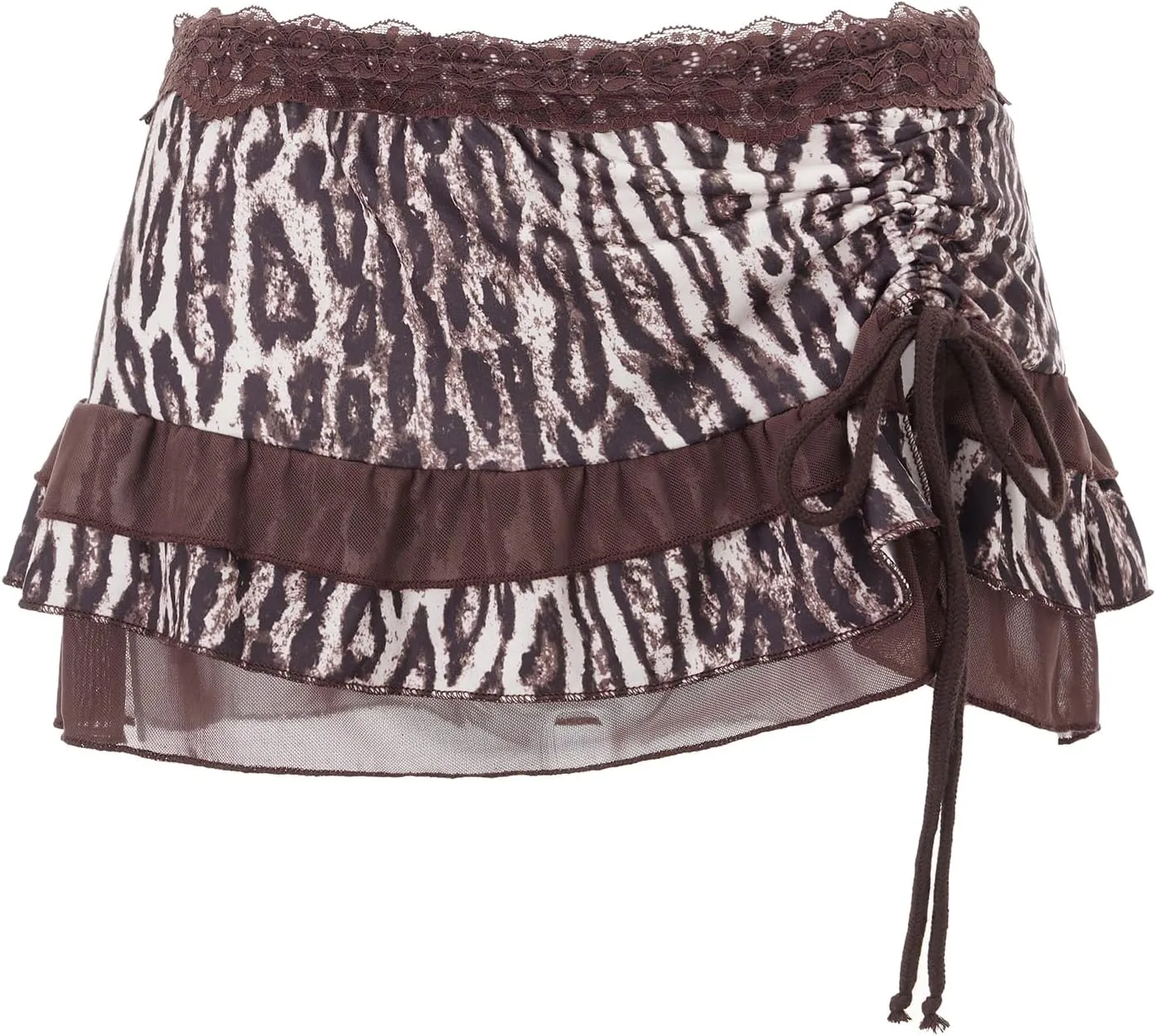Women Y2K Lace Mini Skirt Leopard Print Ruffle Short Skirt Mesh Flowy Mini Skirt Party Club Streetwear