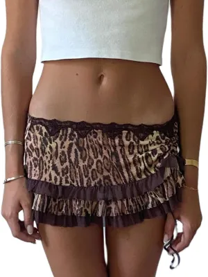 Women Y2K Lace Mini Skirt Leopard Print Ruffle Short Skirt Mesh Flowy Mini Skirt Party Club Streetwear