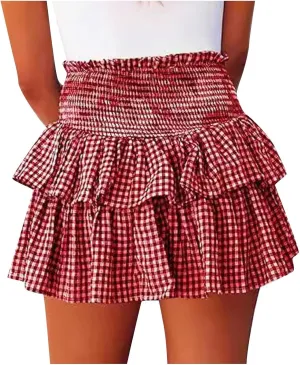 Women Y2k Plaid Ruffle Mini Skirt Smocked Waist Pleated Tiered Short Skirt Spring Summer A-line Skirt Streetwear