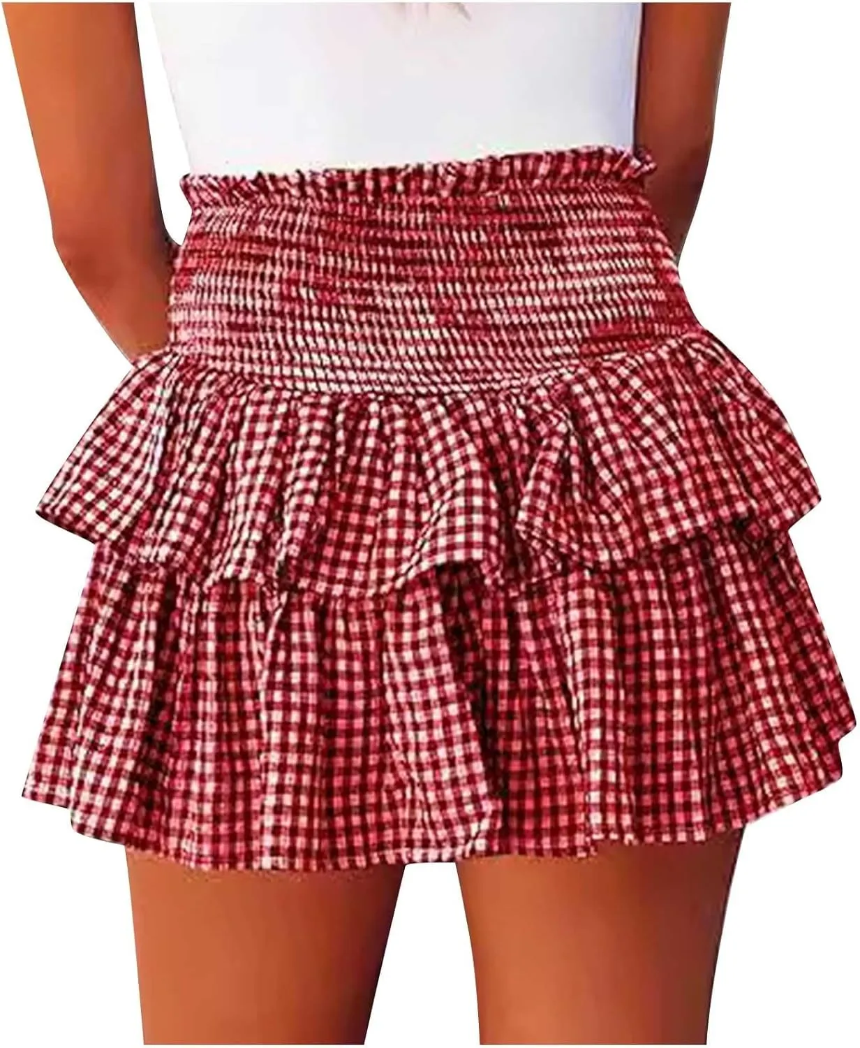 Women Y2k Plaid Ruffle Mini Skirt Smocked Waist Pleated Tiered Short Skirt Spring Summer A-line Skirt Streetwear