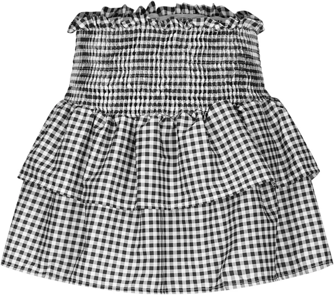 Women Y2k Plaid Ruffle Mini Skirt Smocked Waist Pleated Tiered Short Skirt Spring Summer A-line Skirt Streetwear