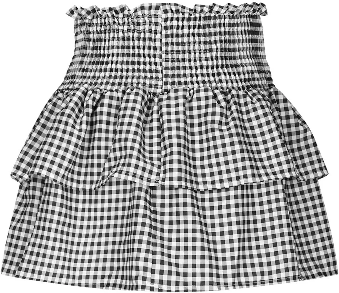 Women Y2k Plaid Ruffle Mini Skirt Smocked Waist Pleated Tiered Short Skirt Spring Summer A-line Skirt Streetwear