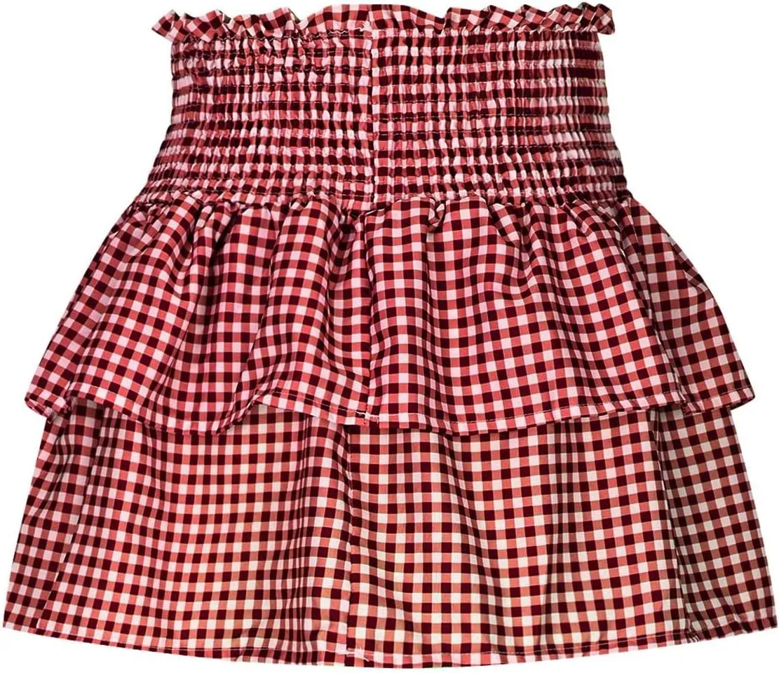 Women Y2k Plaid Ruffle Mini Skirt Smocked Waist Pleated Tiered Short Skirt Spring Summer A-line Skirt Streetwear