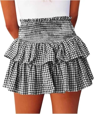 Women Y2k Plaid Ruffle Mini Skirt Smocked Waist Pleated Tiered Short Skirt Spring Summer A-line Skirt Streetwear