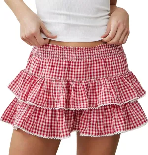 Women Y2k Ruffle Lace Mini Skirt Plaid Pleated Gingham Short Skirts Halloween Costume Sissy Skirt Teen Girls Streetwear