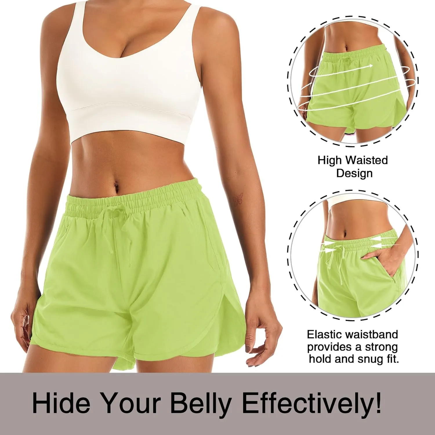 Women's 2 in 1 Athletic Running Shorts High Waisted Workout Casual Gym Sweat Shorts Mesh Comfy Liner Zipper Pockets