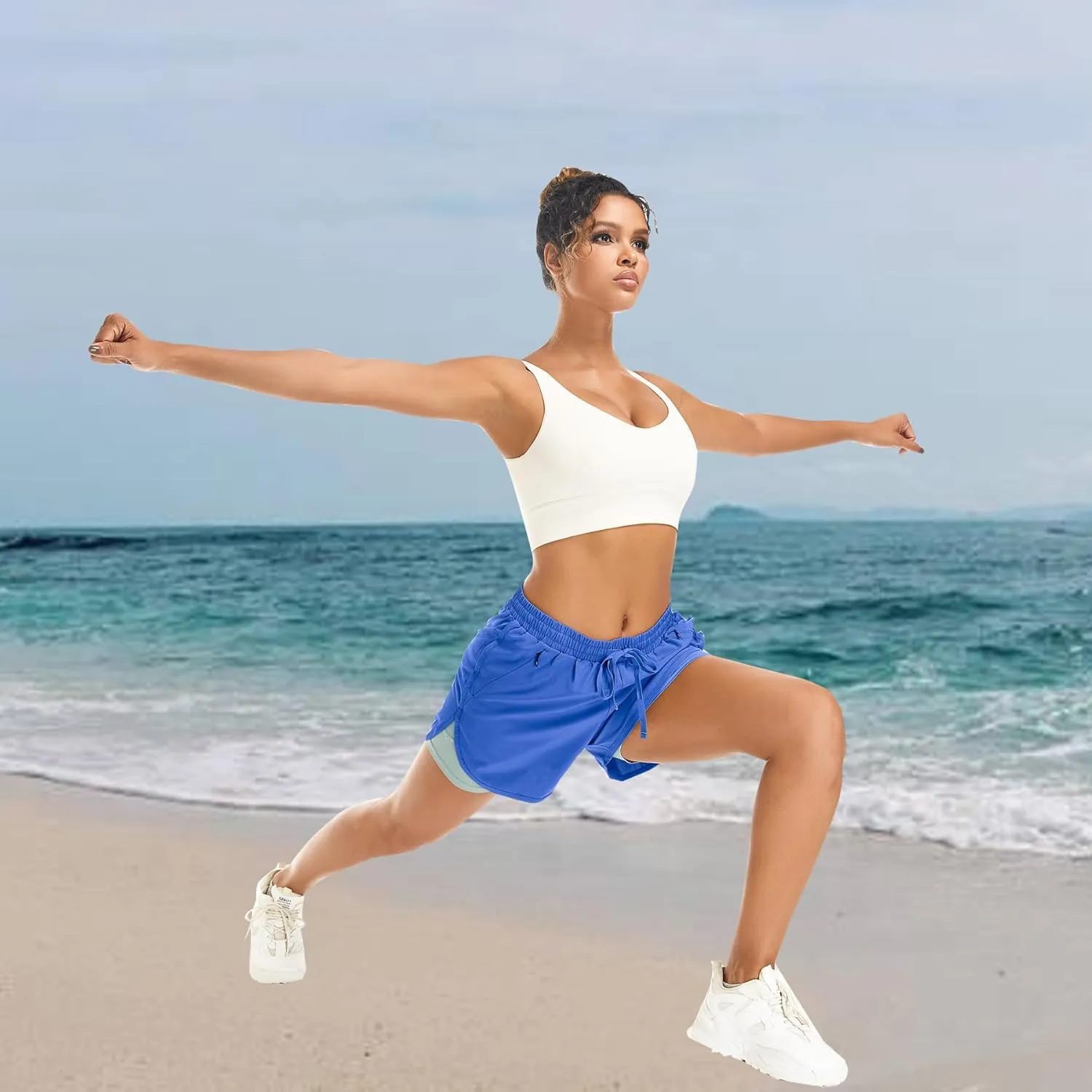 Women's 2 in 1 Athletic Running Shorts High Waisted Workout Casual Gym Sweat Shorts Mesh Comfy Liner Zipper Pockets