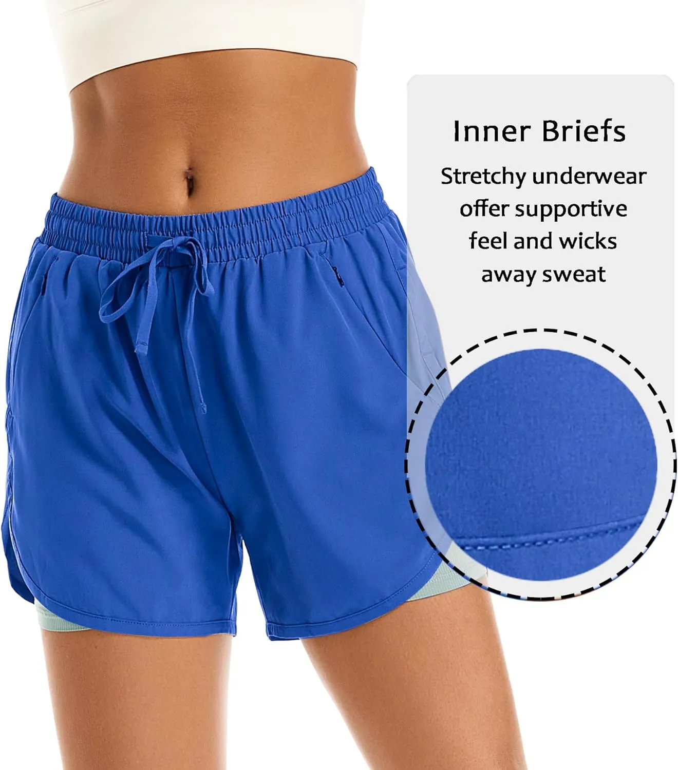Women's 2 in 1 Athletic Running Shorts High Waisted Workout Casual Gym Sweat Shorts Mesh Comfy Liner Zipper Pockets