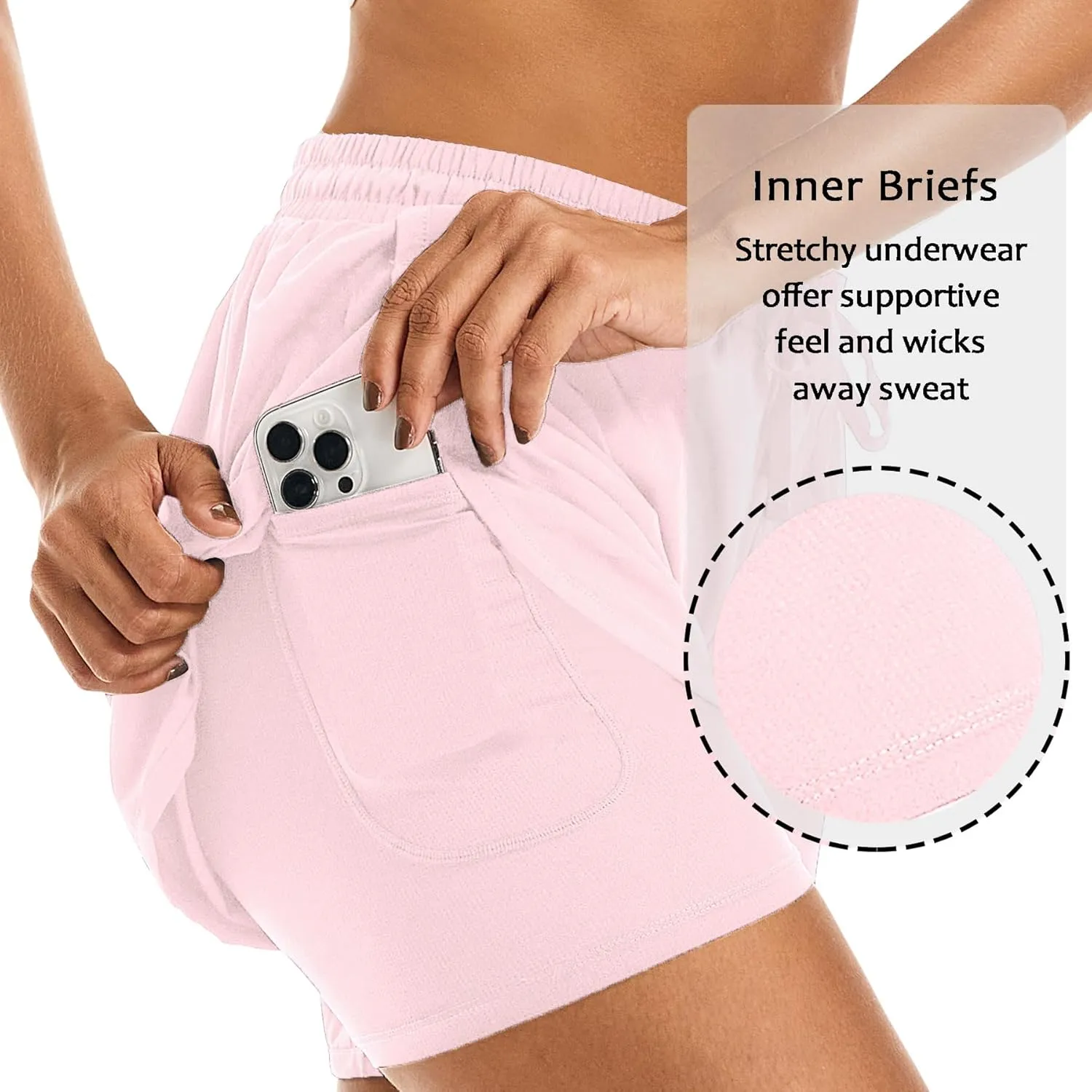 Women's 2 in 1 Athletic Running Shorts High Waisted Workout Casual Gym Sweat Shorts Mesh Comfy Liner Zipper Pockets