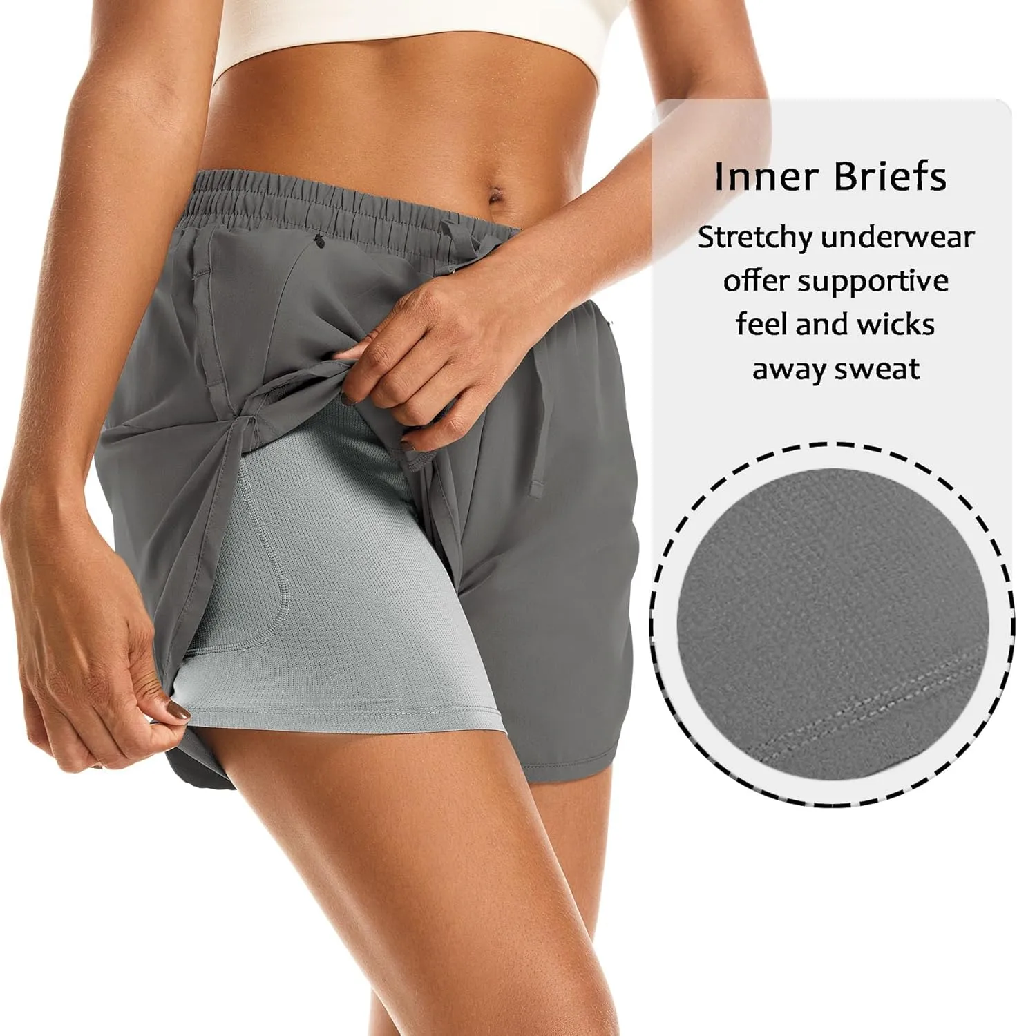 Women's 2 in 1 Athletic Running Shorts High Waisted Workout Casual Gym Sweat Shorts Mesh Comfy Liner Zipper Pockets