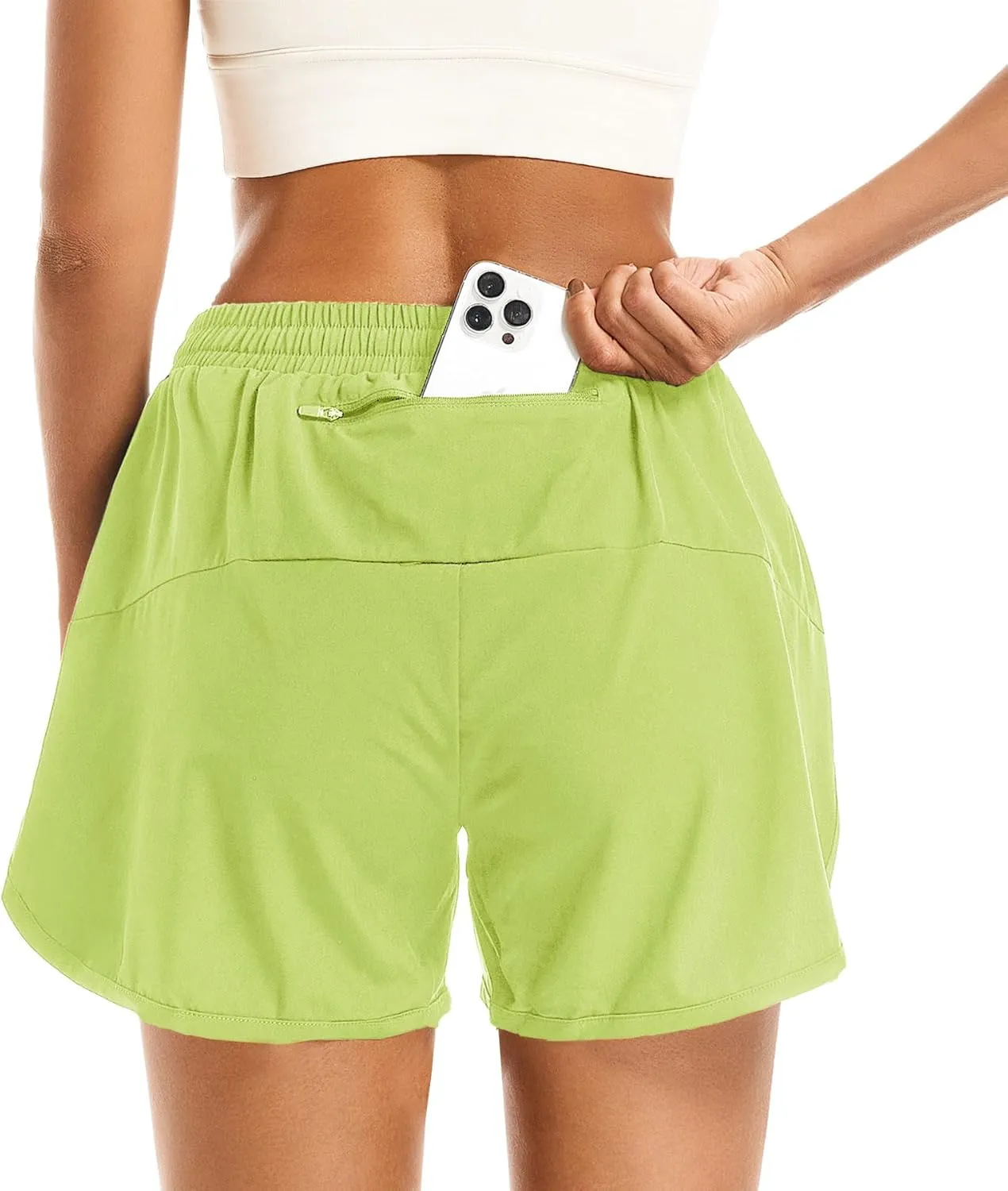 Women's 2 in 1 Athletic Running Shorts High Waisted Workout Casual Gym Sweat Shorts Mesh Comfy Liner Zipper Pockets