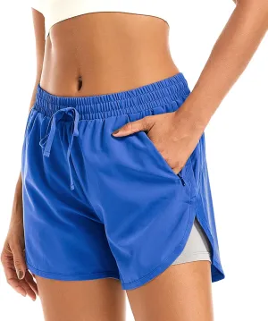 Women's 2 in 1 Athletic Running Shorts High Waisted Workout Casual Gym Sweat Shorts Mesh Comfy Liner Zipper Pockets