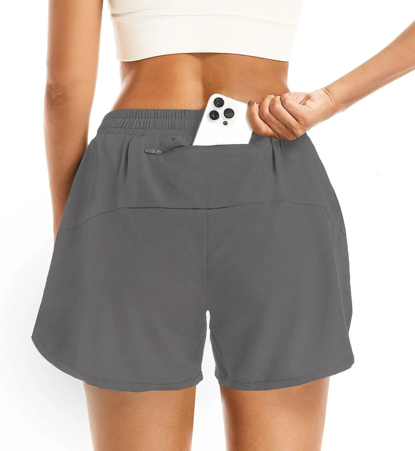 Women's 2 in 1 Athletic Running Shorts High Waisted Workout Casual Gym Sweat Shorts Mesh Comfy Liner Zipper Pockets