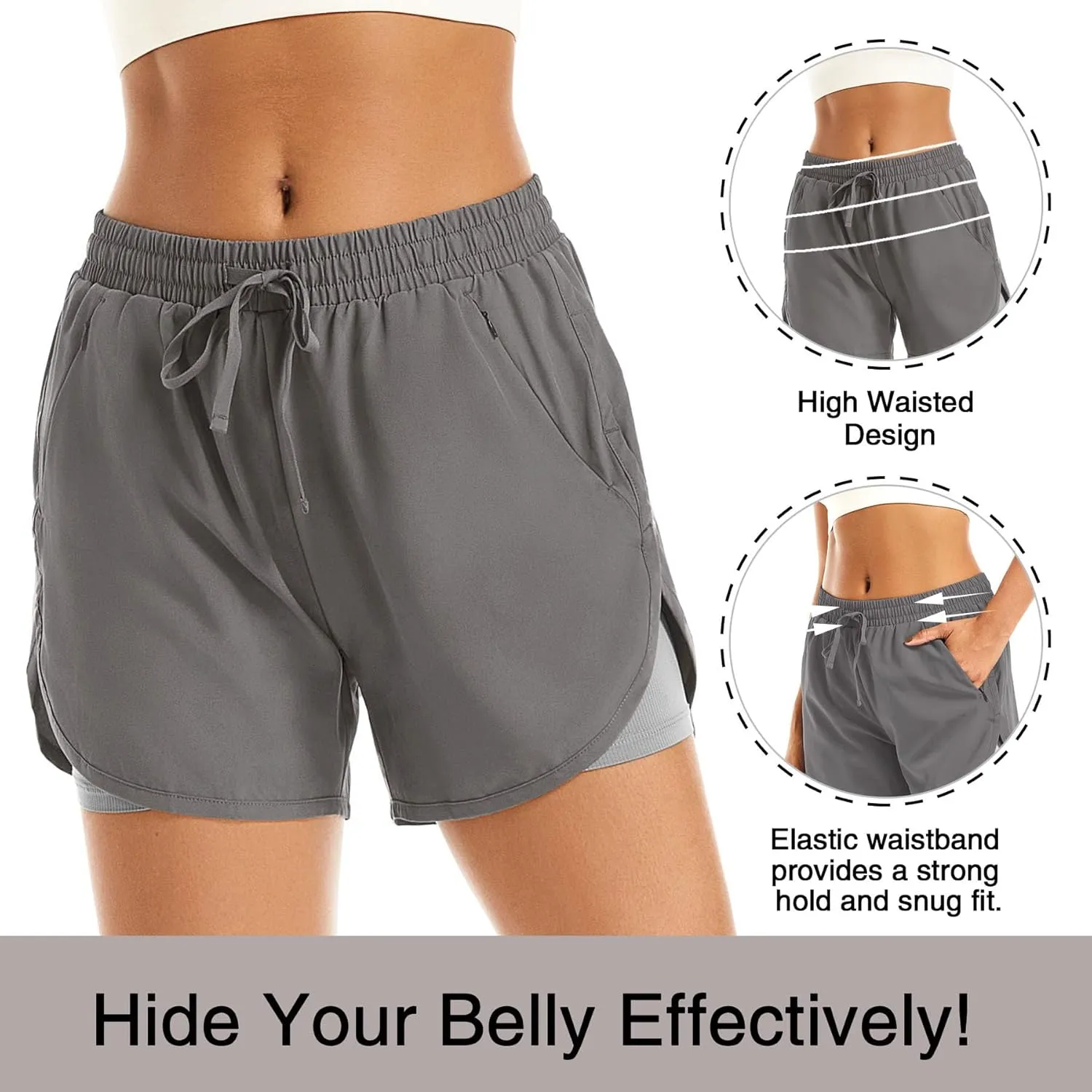 Women's 2 in 1 Athletic Running Shorts High Waisted Workout Casual Gym Sweat Shorts Mesh Comfy Liner Zipper Pockets