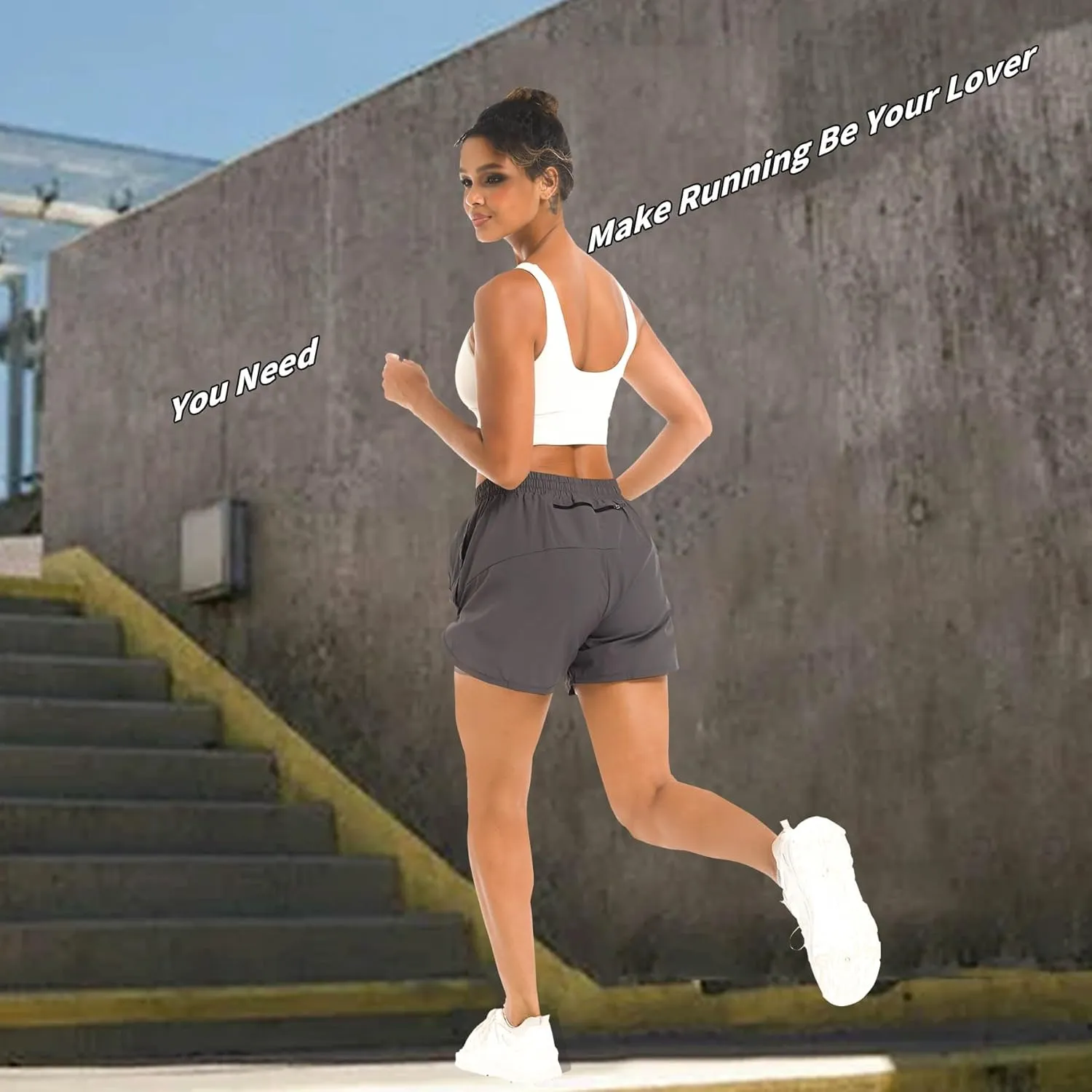 Women's 2 in 1 Athletic Running Shorts High Waisted Workout Casual Gym Sweat Shorts Mesh Comfy Liner Zipper Pockets