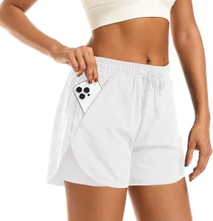 Women's 2 in 1 Athletic Running Shorts High Waisted Workout Casual Gym Sweat Shorts Mesh Comfy Liner Zipper Pockets
