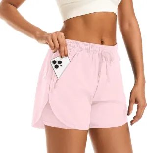 Women's 2 in 1 Athletic Running Shorts High Waisted Workout Casual Gym Sweat Shorts Mesh Comfy Liner Zipper Pockets