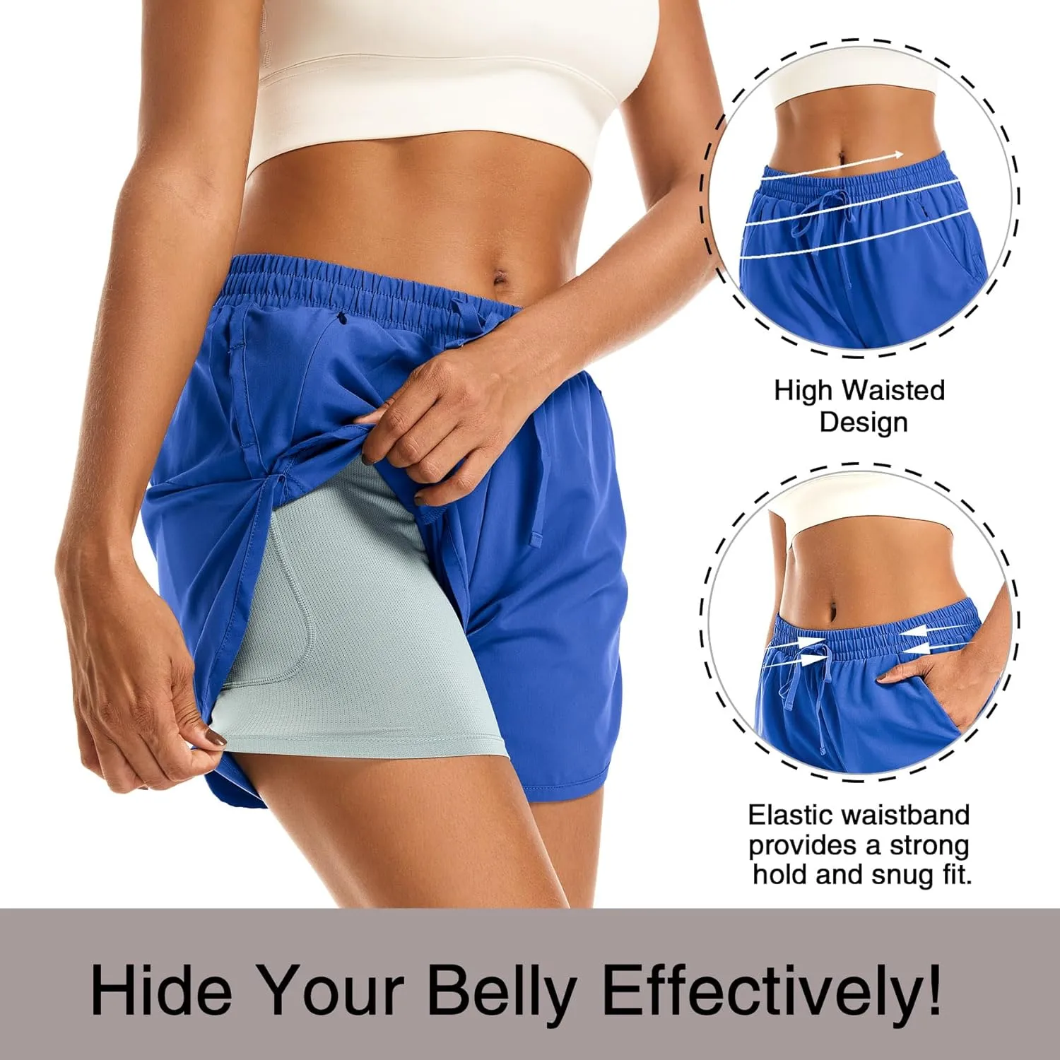 Women's 2 in 1 Athletic Running Shorts High Waisted Workout Casual Gym Sweat Shorts Mesh Comfy Liner Zipper Pockets