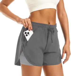 Women's 2 in 1 Athletic Running Shorts High Waisted Workout Casual Gym Sweat Shorts Mesh Comfy Liner Zipper Pockets