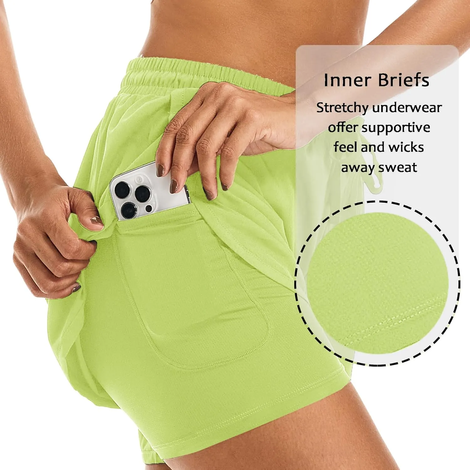 Women's 2 in 1 Athletic Running Shorts High Waisted Workout Casual Gym Sweat Shorts Mesh Comfy Liner Zipper Pockets