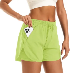 Women's 2 in 1 Athletic Running Shorts High Waisted Workout Casual Gym Sweat Shorts Mesh Comfy Liner Zipper Pockets