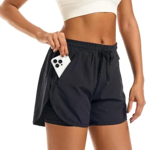 Women's 2 in 1 Athletic Running Shorts High Waisted Workout Casual Gym Sweat Shorts Mesh Comfy Liner Zipper Pockets